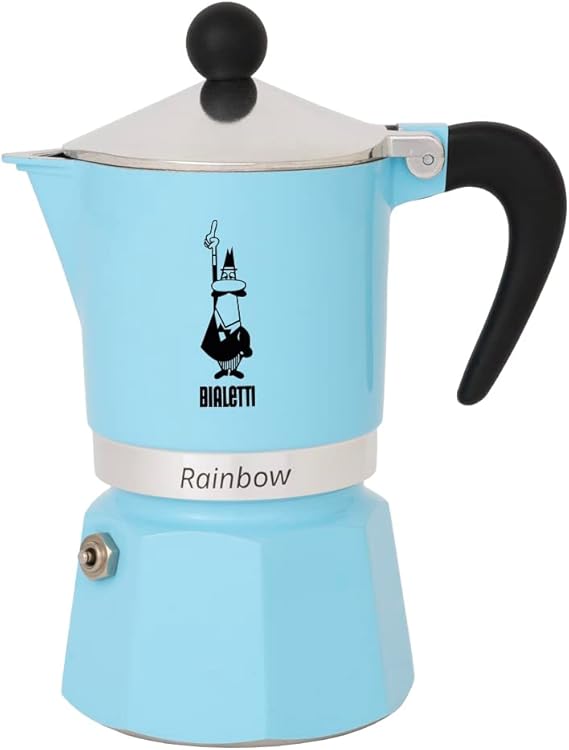Bialetti Rainbow Moka Pot in Light blue, 3 Cup Stove Top Espresso Maker - Aluminum Cafetera for Ground Coffee, Italian Coffee Maker for Home Brewing