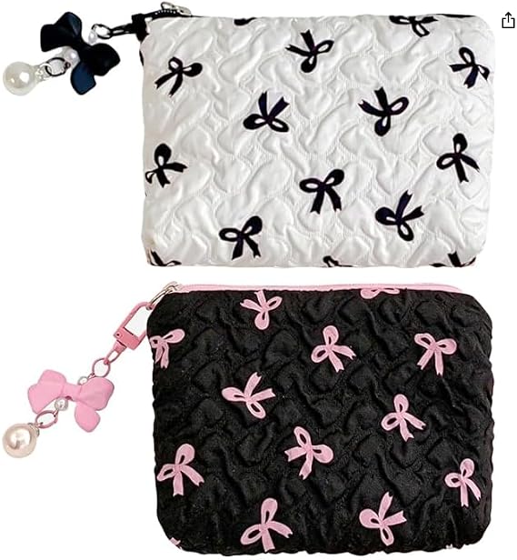2 PCS Small Makeup Bag for Handbag, Mini Cosmetic Bag with Cute Bow Design, Quilted Coquette Makeup Pouch for Women Girls, Soft Puffy Toiletry Organizer for Travel Daily Essentials & Gifts
