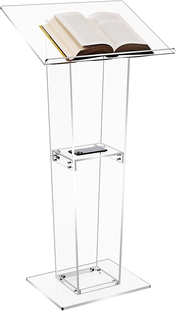 Acrylic Lectern Podium, Pulpit Stand with Storage Shelf