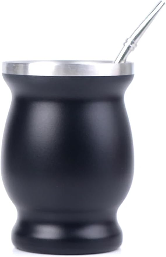 New Practical Cup Yaba Mate Cup 304 Stainless Steel 8oz Argentina Yaba Mate Gourd with Bombillas Color: Black