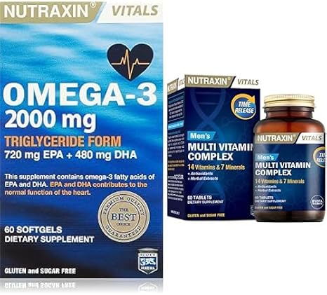 Nutraxin Vitals Omega-3 2000 mg EPA + DHA Balık Yağı içeren Takviye Edici Gıda (1 x 60 kapsül) ve Nutraxin Men's Multi Vitamin Complex 60 Tablet Takviye Edici Gıda
