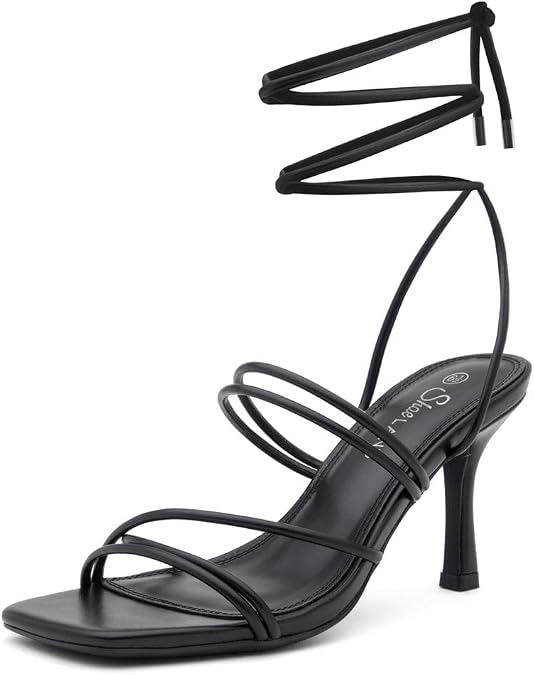 Shoe Land Women's Strappy Heels Square Open Toe Lace-Up Heeled Sandals with Adjustable Ankle Wrap, Comfy 3-Inch Stiletto Dressy Evening High Heels for Wedding & Party