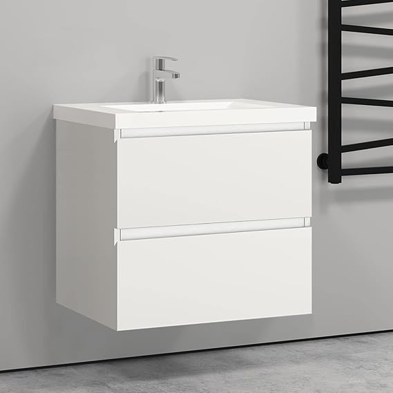 500mm Bathroom Sink Unit with Basin Matt White 2 Soft Close Drawers Wall Mounted Bathroom Suite with Vanity Unit
