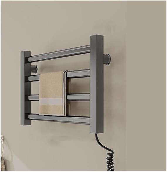 Küçük Plug-in, Isıtmalı Kurutma Rafı 4 Bar, Banyo Duvara Monte Isıtmalı Havlu Rafları, Gri, Sola Tak, Gri-Tak Sağa