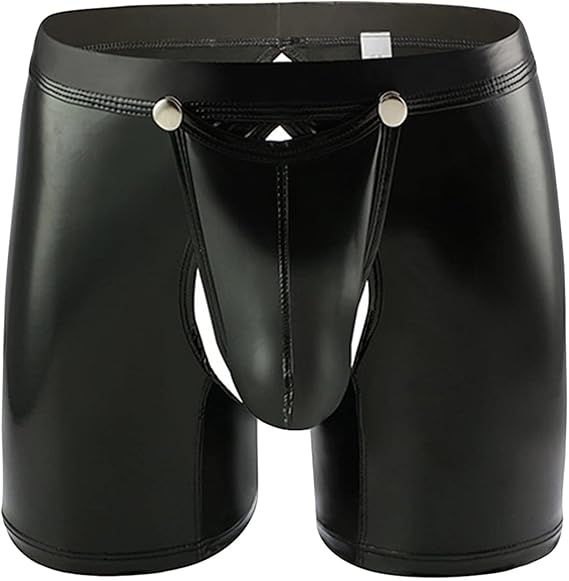 Men Sexy Lingerie PVC Boxer Faux Leather Brief Latex Shorts Pants Tights Wet Look Bikini Swim Trunks Nightclub (Black,Large)