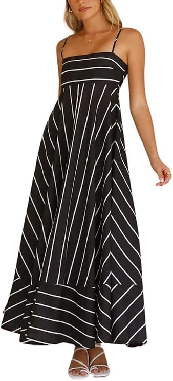 chouyatou Women's Summer Striped Spaghetti Strap Maxi Dress Boho Flowy Swing Back Smocked Beach Sundress