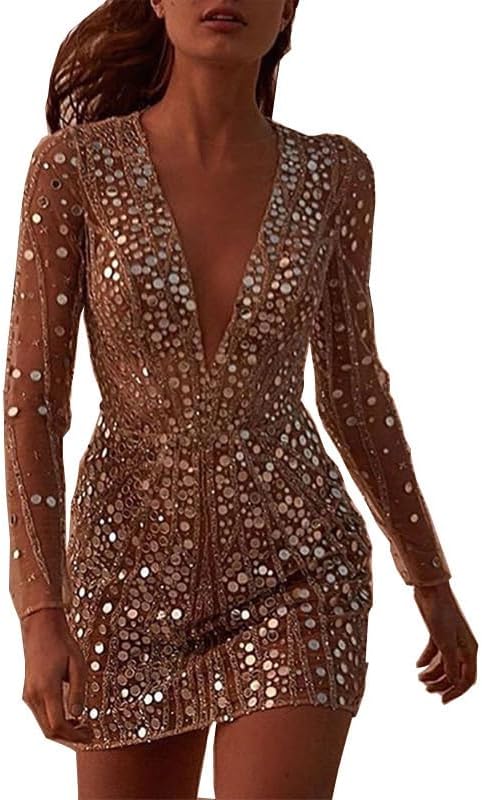 Long Sleeve Mini Dress for Women Sexy Deep V Neck Hot Drilling Party Slim Cocktail Dress for Clnb Night Gold