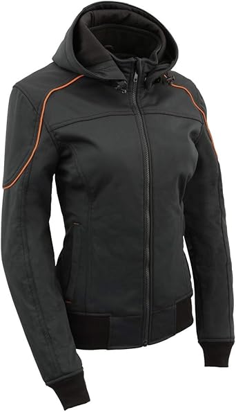Milwaukee Leather MPL2764 Womens Black Soft Shell Armored Motorcycle Racing Style Jacket with Hoodie
