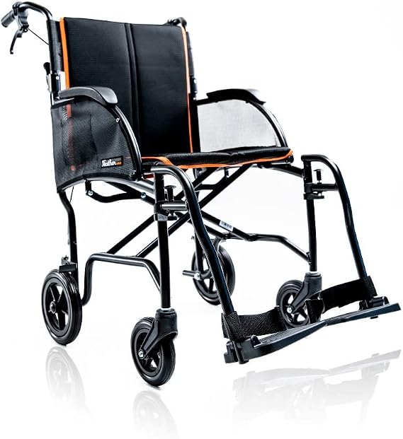 FeatherMobility - Black Lightweight Folding Transport Chair- 13 lbs Frame, 18" Seat Width - with Handbrakes - 300 lbs Capacity
