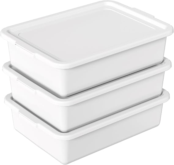 Hespama 3 Pack Commercial Bus Tub with Lid, 13 L Plastic Wash Basin, White | Food Grade