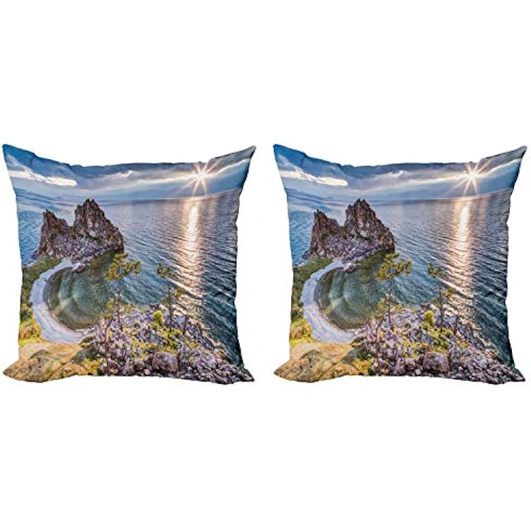 Ambesonne Travel Decorative Throw Pillow Case Pack of 2, Shaman Rock Lake Baikal in Russia Coastal Theme Sun Rays Scenic Vista Print, Couch Bedroom Living Room Cushion Cover, 20, Green Brown Blue