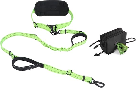 Green Hands Free Dog Leash with Poop Bag Holder