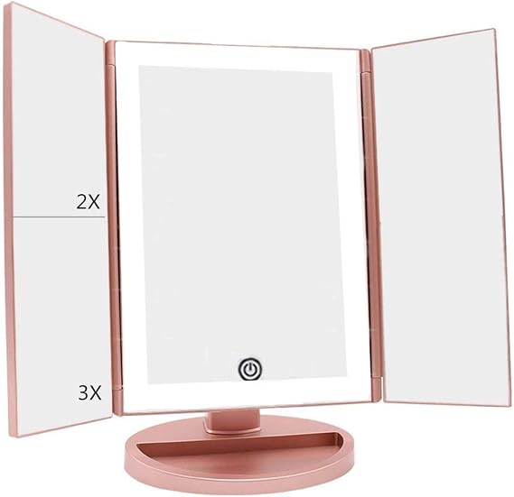 LAND OF MYTH - 1X-2X-3X-10X Büyütmeli 37 LED Işıklı Makyaj Aynası, 3 Panel, Katlanabilir, Dokunmatik Sensörlü (Rose Gold)