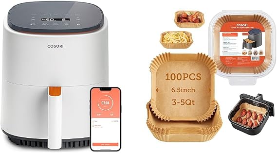 Cosori 4 Qt Air Fryer, 100 Air Fryer Liners - 4 Qt Smart Airfryer with 7 Functions, Nonstick Silicone Coating, Up To 465F