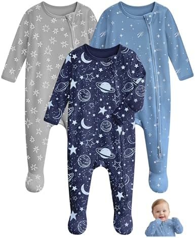 Baby Pajamas 100% Cotton Baby Sleepers for 0-3 Months 3Pcs Footie Pajamas Baby Boys Girls Clothes, Soft Infant Footed PJs with Mitten Cuffs, Two Way Zipper, Long Sleeve