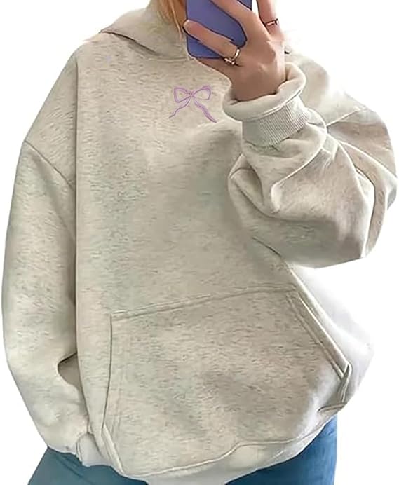 Women's Bow Embroidered Crewneck Sweatshirt, Light Gray Cotton Blend, Casual Pullover with Decorative Ribbon Design