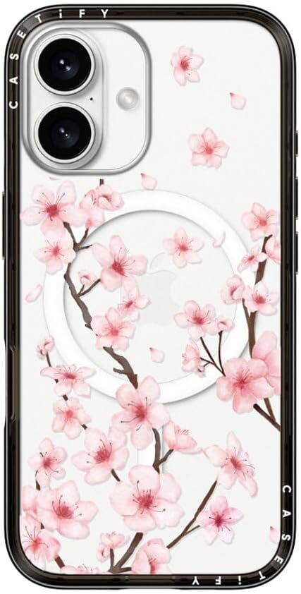 CASETiFY for iPhone 16 Case - Compact Compatible with MagSafe | Slim and Sleek | 4ft. 2x Military Grade Drop Protection | Cherry Blossom | Black