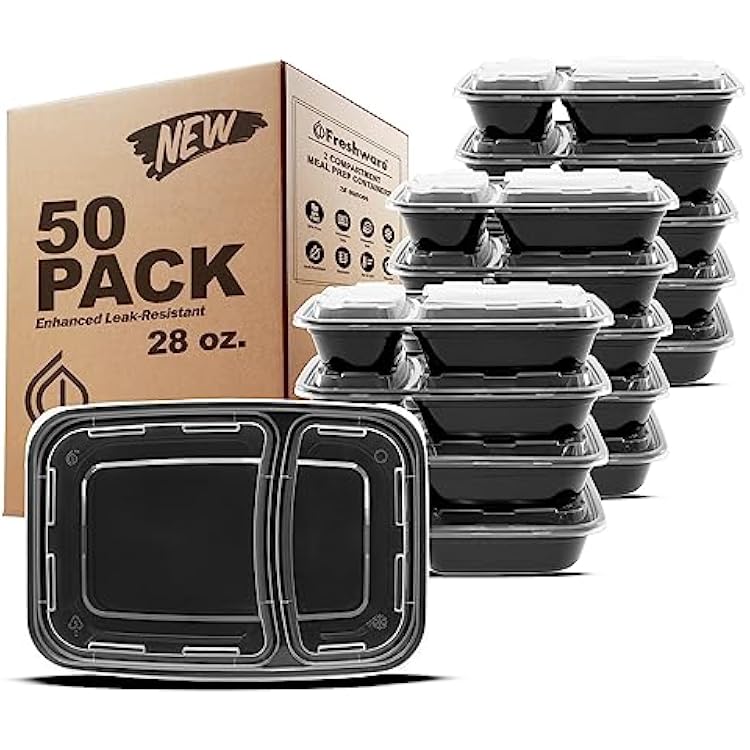 Freshware Meal Prep Containers [50 Pack] 2 Compartment with Lids, Food Storage Containers, Bento Box, BPA Free, Stackable, MicrowaveDishwasherFreezer Safe 28 oz