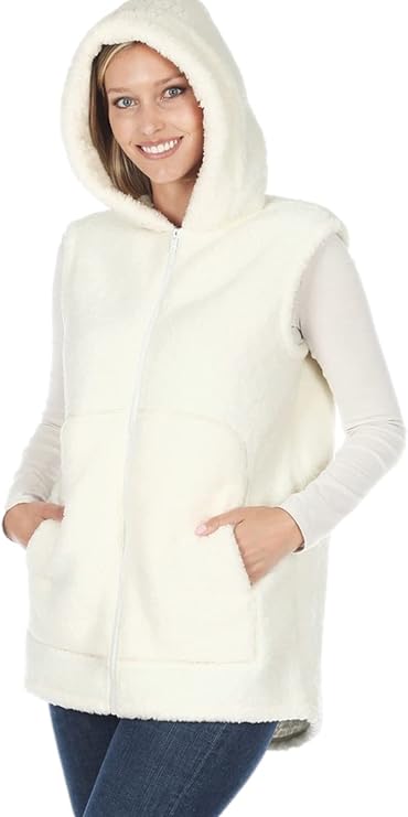 PacificPlex Womens Solid Soft and Cozy Sherpa Zip Front Hoodie Vest Faux Shearling with Pockets