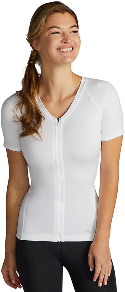 Tommie Copper Womens Short Sleeve V Neck Compression Shirt with Front Zipper Posture Corrector Back & Shoulder Support