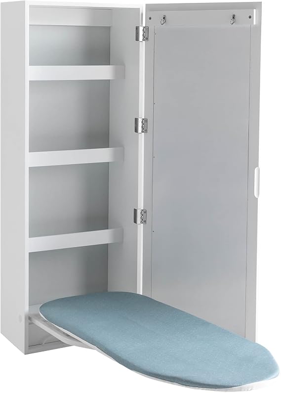 Wall Mount Ironing Board Cabinet with Mirror | Foldable & Swivel Built-in Ironing Board, Storage Shelves & Hooks, Space Saving for Laundry Room, Apartment, Closet