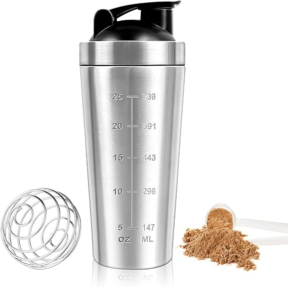 Protein Shaker Bottle 750ml, Stainless Steel Protein Shaker Cup, Gym Shaker Bottle, Protein Mixer Shaker Supplement Bottle with Mixball, Leak Proof Metal Sports Water Bottle for Men&Women