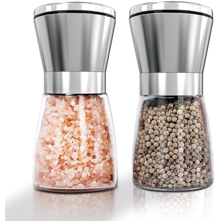 Salt and Pepper Grinder Set, Premium Stainless Steel Sea Salt and Black Peppercorn Mill Set with Adjustable Coarseness