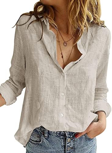 Astylish Womens V Neck Roll up Sleeve Button Down Blouses Tops