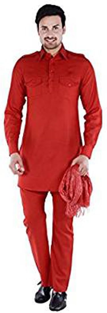 Royal Kurta Men's Linen Pathani Set 38 Red