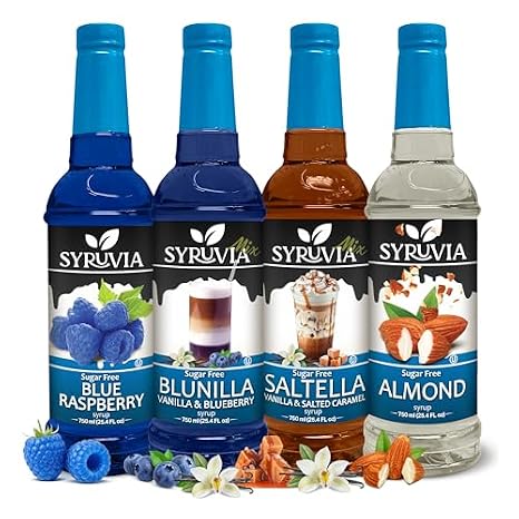 Syruvia Sugar-Free Blue Raspberry, BLUNILLA, SALTELLA, Almond Syrup Flavored Syrup for Drinks, Cocktails, Lemonades, Iced Teas, and Desserts 25.4 fl oz