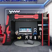 Full Size Wood Loft Gaming Bed with Computer Desk and Storage Bookshelf, TV Stand, Stairs, LED Lights, USB Ports, Playhouse Bed for Kids, Boys, Childs, Bedroom, Noise Free, Red