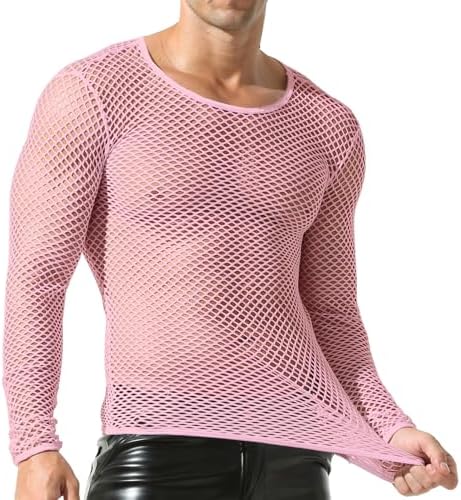QiaTi Mens Fishnet Shirt Mens Fishnet Top Mesh Transparent Long Sleeve Muscle T-Shirt Net Undershirt Top for Men