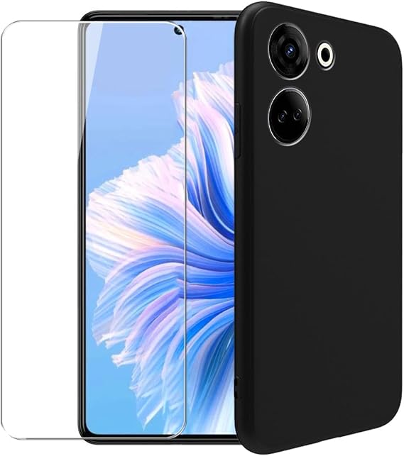 Case for Tecno Camon 20 Pro 4G + Glass Screen Protector Tempered Film - Transparent Silicone Soft Flexible Bumper Shockproof TPU Protective Cover Shell (Black)