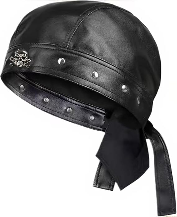 Leather Skull Hat - Strappy Black Rider Skull Hat, Motorcycle Leather Hat, Suitable for Everyday Wear and Street Style