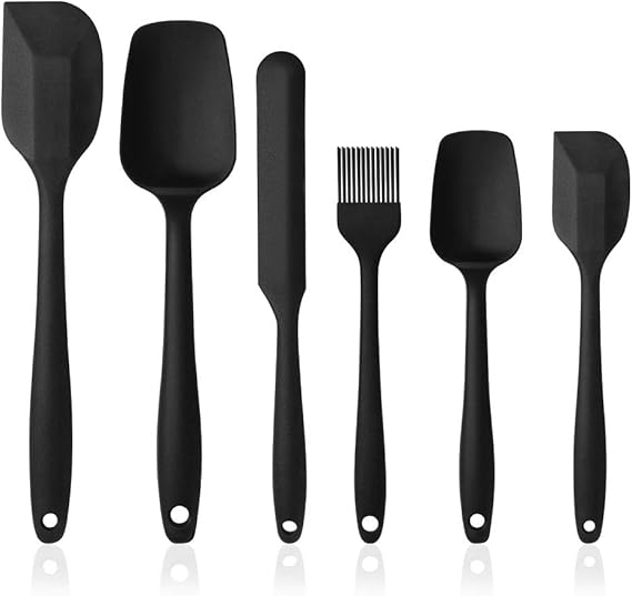 Vicloon Silikon mutfak yardımcısı, 6 adet silikon spatula, çorba kaşığı, fırın fırçası, spatula, ısıya dayanıklı ve yapışmaz, paslanmaz çelik ve dikişsiz tek parça tasarım (siyah)