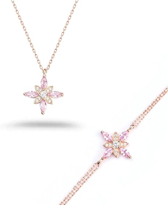 Madam Mademoiselle Hope Flower Silver Jewelry Set, Rose Plated, 925 Carat, Gift, Girl, Friend, Wife, Woman Lover