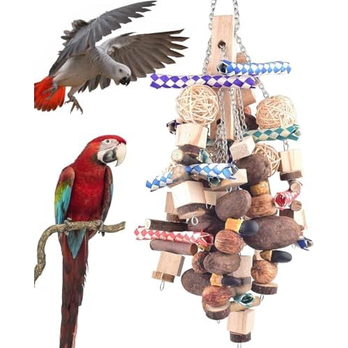 Bissap Large Parrot Chew Toys, 20.8in Bird Parrot Hanging Bite Wooden Blocks Cage Fun Toy for Macaw African Greys Cockatoo Eclectus Budgies Parakeet Cockatiel ect Large Medium Birds
