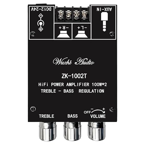 ZK-1002T 100W+100W Bluetooth Amplifier Board, 2.0 Channel Bluetooth 5.0 Subwoofer Audio AMP with Treble and Bass Control, DC12-24V, BT and AUX Inputs, TPA3116D2 Chip Stereo AMP Board for DIY Speakers