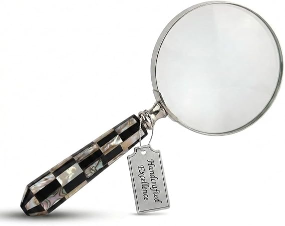 Store Indya Handheld Magnifier - Artistically Handcrafted Round Mother of Pearl Handle, Lightweight and Comfortable Grip, Classic Vintage Design, Great for Reading, 9" Length 4" Lens Diameter