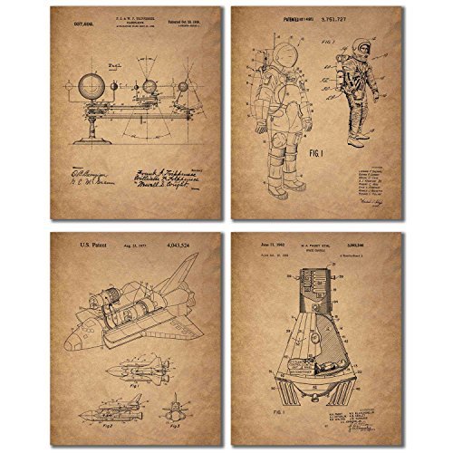 BigWig Prints Space Patent Wall Art - Vintage Space Posters, Aerospace Blueprint Decor, Art for Vintage Aesthetic Rooms, NASA Inspired Gifts - Unframed Set of 4 8x10