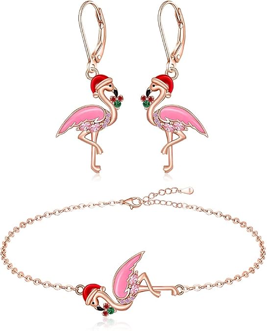 Christmas Flamingo Earrings Bracelet Set for Women Pink Flamingos Earrings Sterling Silver Dangle Rose Gold Xmas Jewelry Birthday Gifts