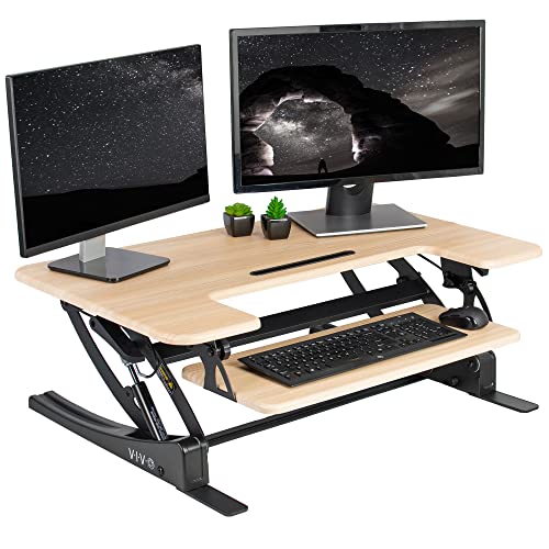 VIVO 36 inch Height Adjustable Stand Up Desk Converter, V Series, Quick Sit to Stand Tabletop Dual Monitor Riser Workstation, Light Wood Top, Black Frame, DESK-V000VO