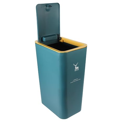 10l Kitchen Trash Can with Lid, Press-top Plastic Garbage Bin with Deer Print Blue Ring, Narrow Wastebasket for Bathroom Bedroom and Small Spaces