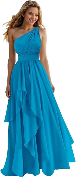 A Line One Shoulder Bridesmaid Dresses for Wedding Ruffles Chiffon Long Formal Evening Party Gowns with Pockets Blue