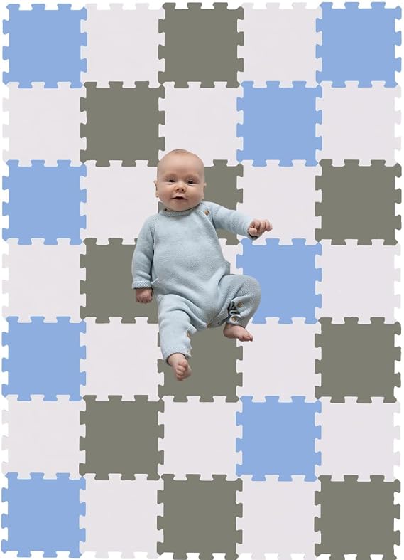 SAFRI Interlocking kids play mat soft foam Baby Playmats Floor Gyms jigsaw puzzle play mats floor exercise fitness yoga crawling mat living room flooring (Blue White & Grey- 16 Pieces)