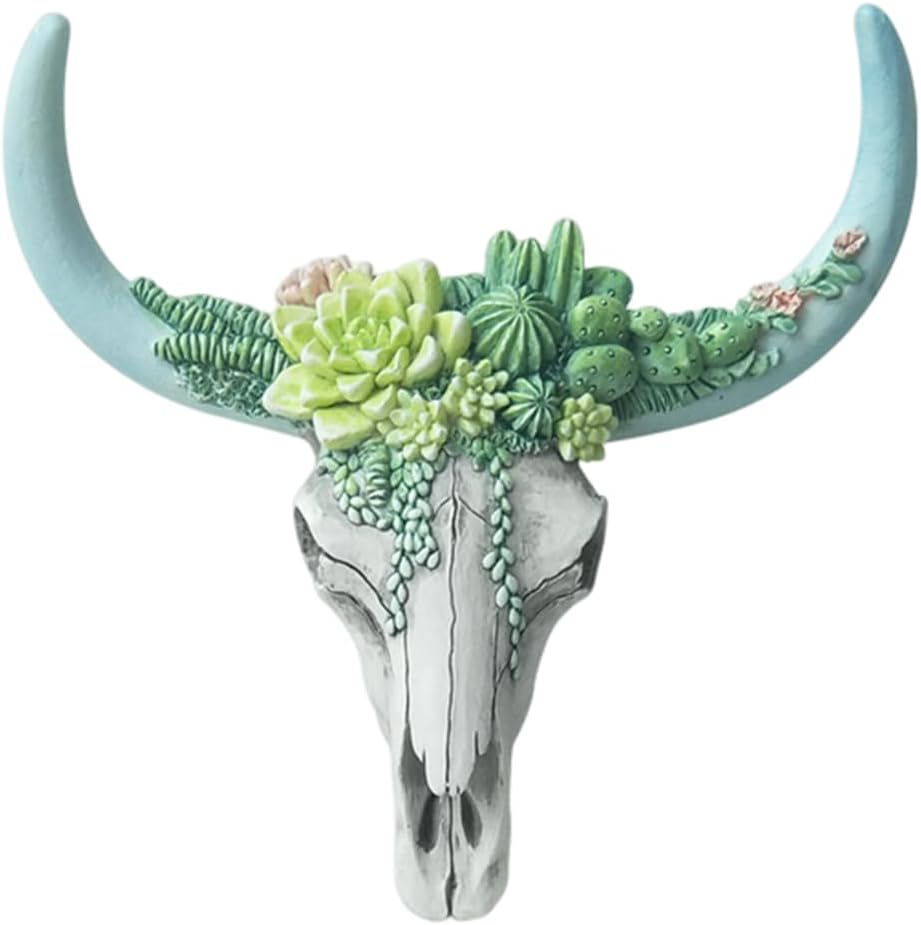 AZURAOKEY Flower Cow Skull Wall-Decor - Cow Skull Wall Pendant SucculentsFlower Rose 3D Resin Hanging Succulent Wall Decor Lightweight Animal Heads for Home Gifts