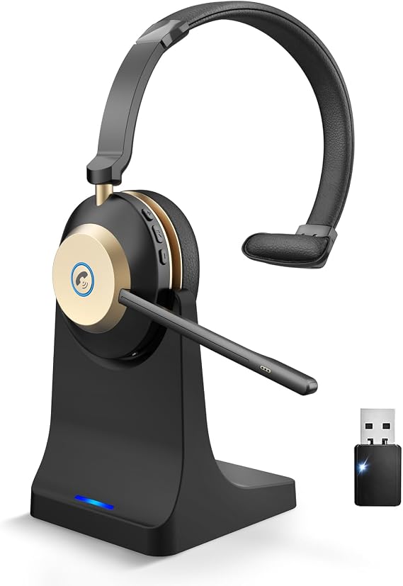 Bluetooth Headset, Wireless Headphones with Mic Noise Canceling & USB Dongle, Wireless Headset with Charging Base & 45hrs Talk Time for Office/Computer/Mobile Phones/Ms Teams/Skype/Zoom
