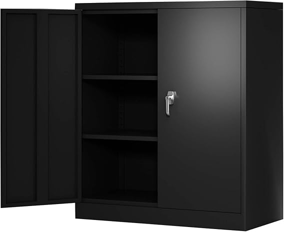 Metal Garage Storage Cabinet with 2 Locking Doors,Black Lockable Cabinet with Doors and Shelves,Steel Tool Cabinet for Home Office Garage,Assembly Required