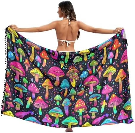 Anime Mushroom Sarong Cover Ups for Women, Swimsuit with Tassels Bikini Wrap Tie Pants Large