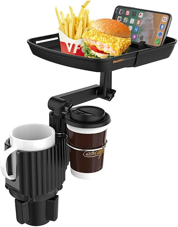 4-in-1 Car Cup Holder Expander Tray,Detachable Car Food Tray Retractable with Dual Cup Holder, Phone Holder, 360Rotation Adjustable Base, Road Trip Essentials Car Accessories (A01)